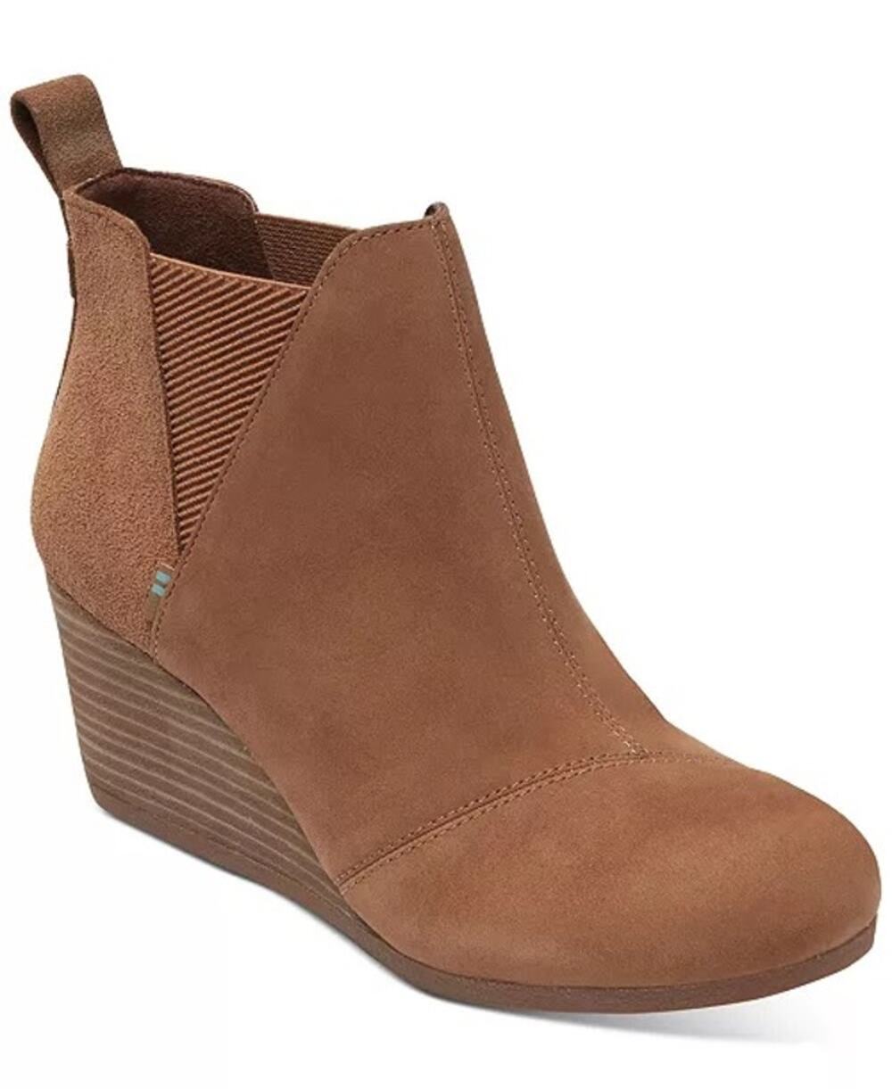 Toms Kelsey Brown Suede Leather Wedge Heel Fall Ankle Booties Women’s Size 9.5